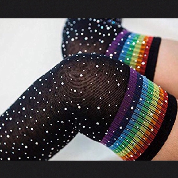 🌈 Sexy Bling Rhinestone Over The Knee Rainbow Socks - Picture 5 of 12